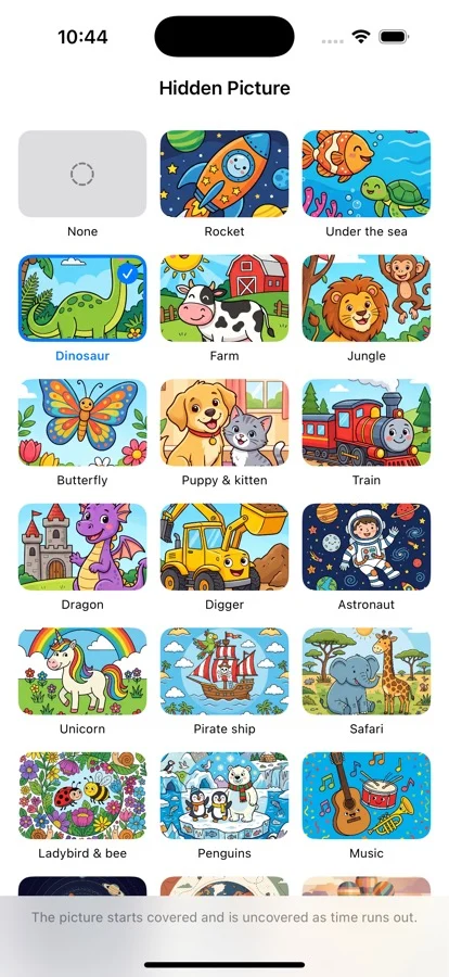 A grid of ten hidden picture thumbnails: rocket, sea, dinosaur, farm, jungle, butterfly, puppy and kitten, train, dragon and digger.