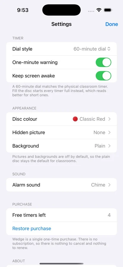 The Wedge Timer settings screen showing dial style, one-minute warning, keep screen awake, disc colour, hidden picture, background and alarm sound.